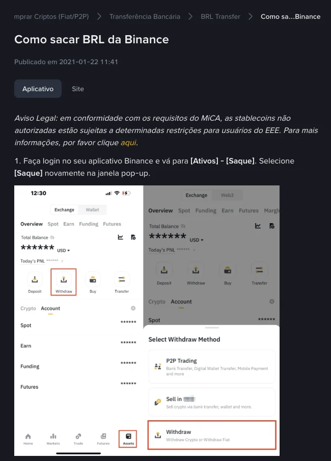 Tutorial “Como sacar BRL da Binance” na Central de Ajuda da Binance em português, com a indicação “Publicado em 2021-01-22 11:41”, as abas Aplicativo e Site, um aviso sobre o MiCA, o passo 1 com o caminho Ativos e Saque, e uma captura do aplicativo em inglês com o botão Withdraw e a opção Withdraw, descrita como “Withdraw Crypto or Withdraw Fiat”, destacados em vermelho
