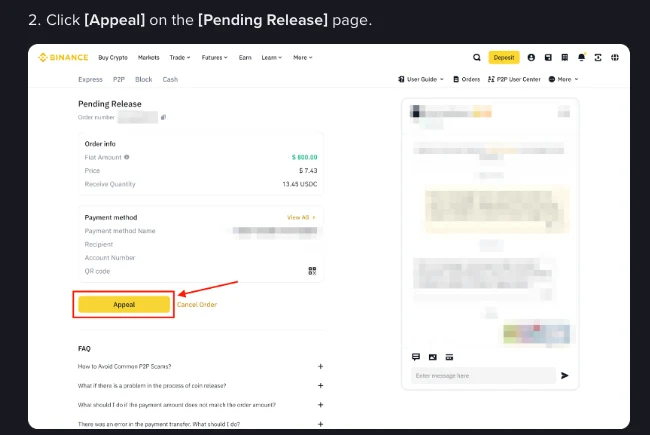 Step 2 of Binance's help article on appealing a P2P buy order: a Pending Release order page with a yellow Appeal button outlined in red next to a Cancel Order link, order details on the left and the chat panel blurred on the right