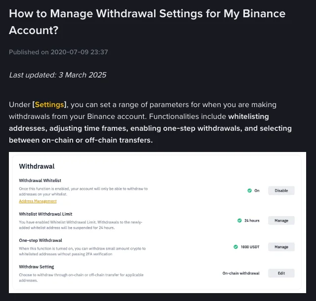 Binance help page "How to Manage Withdrawal Settings for My Binance Account?", published 2020-07-09 and last updated 3 March 2025, with an illustration of the Withdrawal section showing Withdrawal Whitelist On, Whitelist Withdrawal Limit 24 hours, One-step Withdrawal 1000 USDT and Withdraw Setting set to on-chain withdrawal