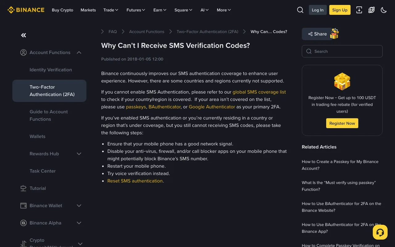 Binance Help Center page “Why Can’t I Receive SMS Verification Codes?”, published 2018-01-05, saying some countries and regions are not supported for SMS and listing five steps: good network signal, disable anti-virus or call blocker apps, restart the phone, try voice verification, reset SMS authentication