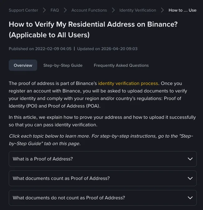 Binance proof of address rejected? Accepted documents and how recent they must be