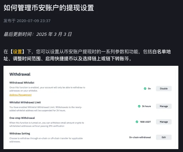 币安简体中文帮助页「如何管理币安账户的提现设置」,发布于 2020-07-09,最后更新时间 2025 年 3 月 3 日;下方官方示意图的 Withdrawal 区块列出 Withdrawal Whitelist 已开启、Whitelist Withdrawal Limit 为 24 hours、One-step Withdrawal 为 1000 USDT、Withdraw Setting 为 On-chain withdrawal