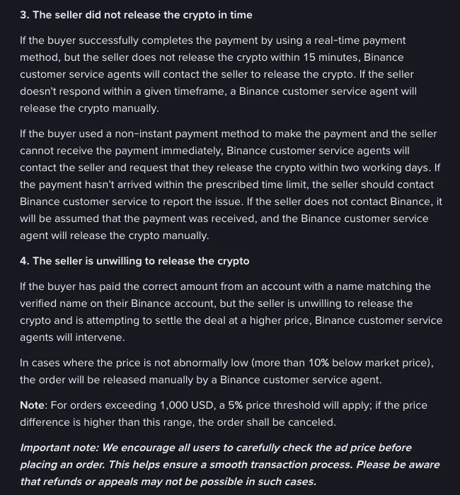Sections 3 and 4 of Binance's P2P Appeal Handling Rules on 6 October 2026: after a real-time payment the seller has 15 minutes before customer service contacts them, a non-instant payment allows two working days, and a seller who wants a higher price triggers intervention with 10% and 5% price thresholds