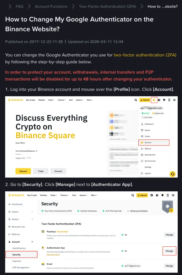 Binance English help page "How to Change My Google Authenticator on the Binance Website?", updated 2026-03-11, with a red notice that withdrawals, internal transfers and P2P transactions are disabled for up to 48 hours after changing the authenticator, and illustrations of the Account menu and the Security page with the Manage button next to Authenticator App