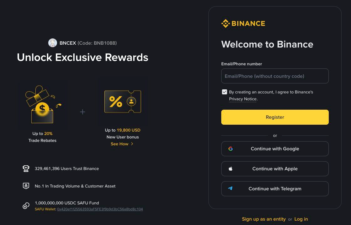 Página pública de cadastro da Binance em inglês, com o convite à esquerda e o formulário à direita, capturada em setembro de 2026